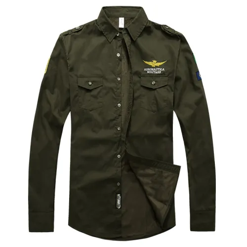 [Winter Velvet] Army Green Long Sleeve Men Casual Shirts Solid Color Fashion Tops PQ8307A
