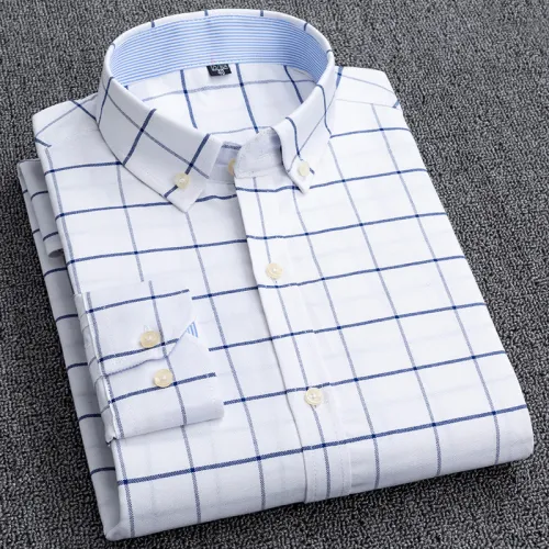 Men's Business Casual Long Sleeve Shirt Pure Cotton Oxford Plaid Shirt PQNJF16
