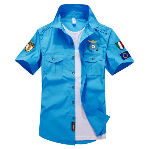 Light Blue Short Sleeve Men Fashion Shirts Solid Color Casual Tops PQ1617B