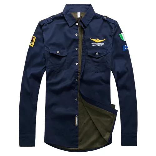 [Winter Velvet] Dark Blue Long Sleeve Men Casual Shirts Solid Color Fashion Tops PQ8307B