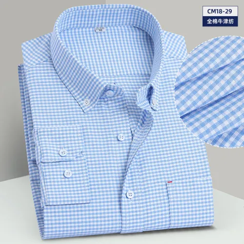 Men's Business Casual Shirt Long Sleeve Cotton Oxford Plaid Shirt PQNJF29
