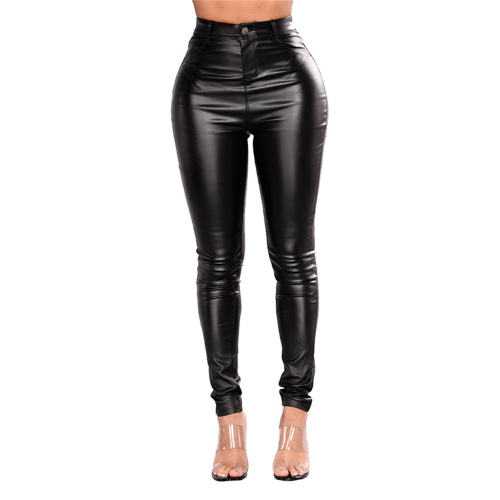 Black PU Hight Waist Trousers Sexy Slim Faux Leather Pants for Women PQYF077