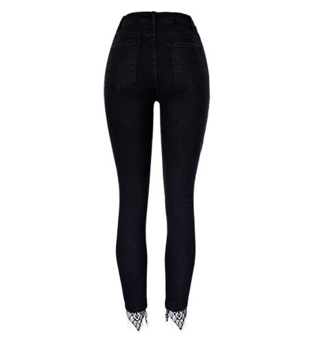 Black Fashion Denim Trousers with Lace Trim Sexy High Waist Jeans PQTOP322