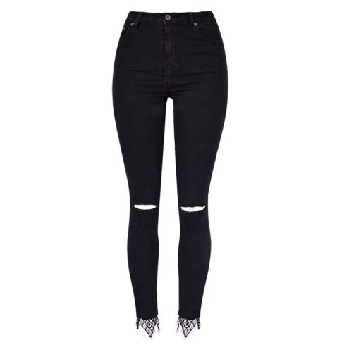 Black Fashion Denim Trousers with Lace Trim Sexy High Waist Jeans PQTOP322