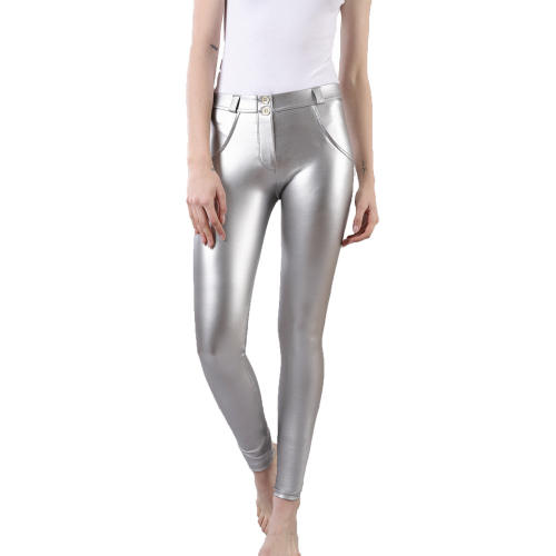 Mid Waist Silver Sexy PU Pants Faux Leather Trousers Women PQANZ-9MWSWL