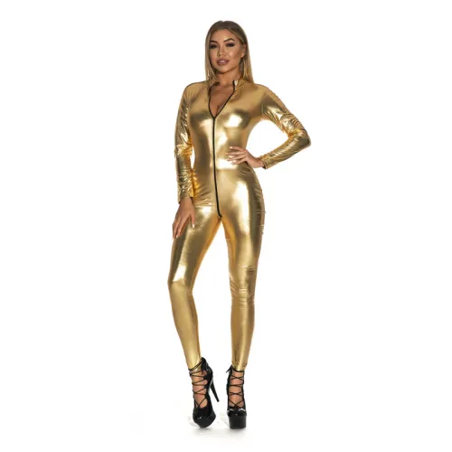 Gold Faux Leather Catsuit PVC Zipper Jumpsuit Women Zentai PQ6700C