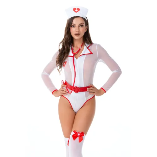 Sexy Nurse Bodysuit Women Halloween Costumes Cosplay Uniform PQ4991