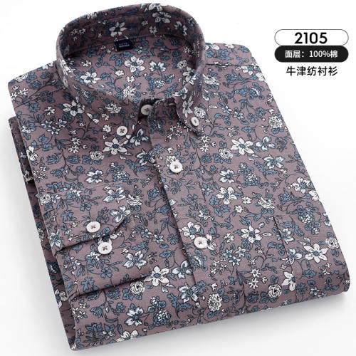 Brown Floral Business Shirt Men Casual Shirt Long Sleeve Cotton Tops PQNJF2105