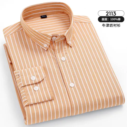 Orange Pinstripe Shirt For Men Business Casual Shirt Long Sleeve Cotton PQNJF2113