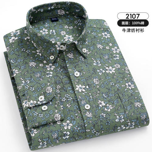 Light Blue Floral Casual Shirt Men Long Sleeve Cotton Tops  Business ShirtPQNJF2106
