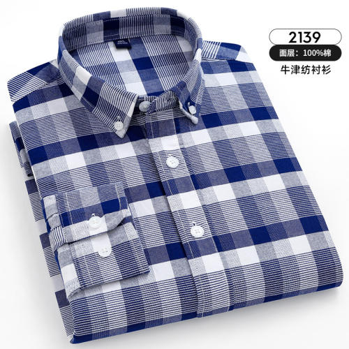 Pure Cotton Oxford Plaid Casual Shirt Men Long Sleeve Business Shirt PQ2138