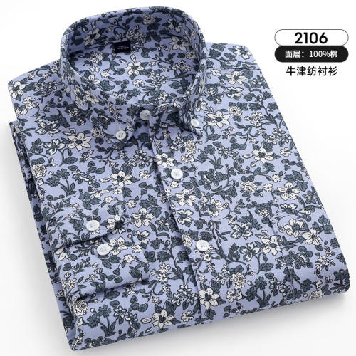 Light Blue Floral Casual Shirt Men Long Sleeve Cotton Tops  Business ShirtPQNJF2106