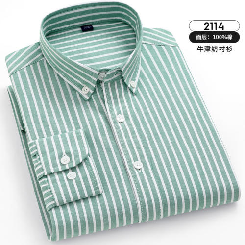 Green Pinstripe Shirt For Men Business Casual Shirt Long Sleeve Cotton PQNJF2114
