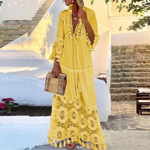 Yellow Tassel Beach Dresses For Women Crochet Bohemia Dress PQ4013B