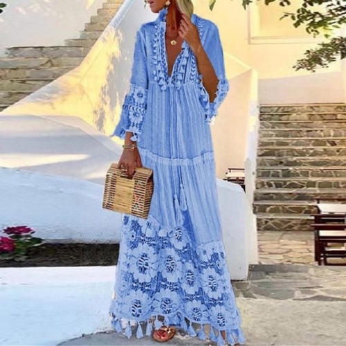 Blue Tassel Beach Dresses For Women Crochet Bohemia Dress PQ4013D
