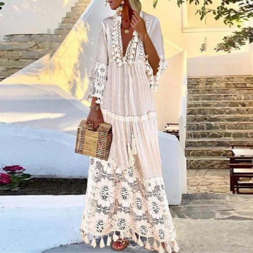 Blue Tassel Beach Dresses For Women Crochet Bohemia Dress PQ4013D