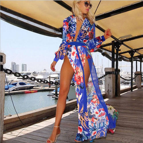 Dark Blue Floral Beach Boho Dresses For Women Bohemia Dress PQA25