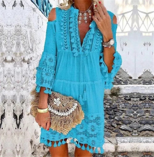 Blue Tassel Summer Dress Fashion Beach Dresses For Women PQ4700B