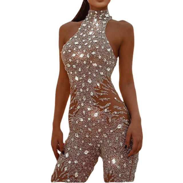 Sexy Sequin Jumpsuit for Women Mesh Night Clubwear PQ93749