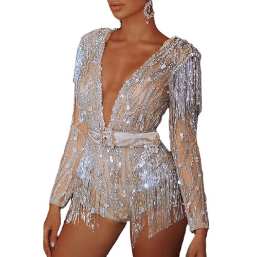 Fashion Deep V-neck Night Club Wear For Women Sequin Bodysuit PQ5000A