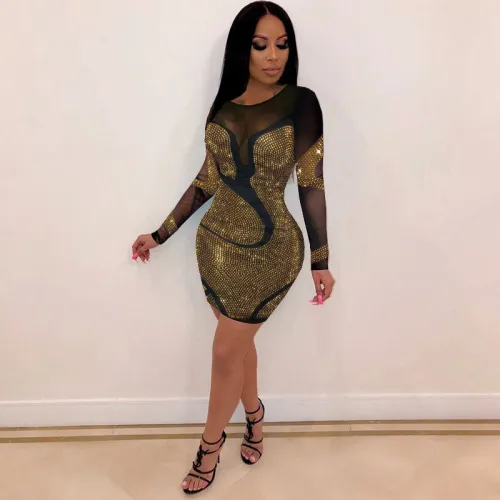 Gold Rhinestone Mini Dress Sexy Bodycon Dresses For Women PQ8943A