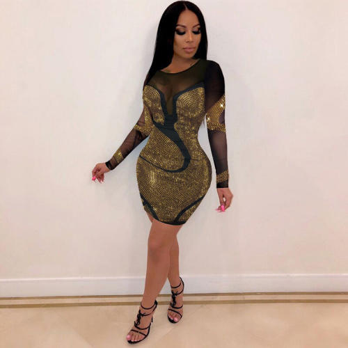 Gold Rhinestone Mini Dress Sexy Bodycon Dresses For Women PQ8943A