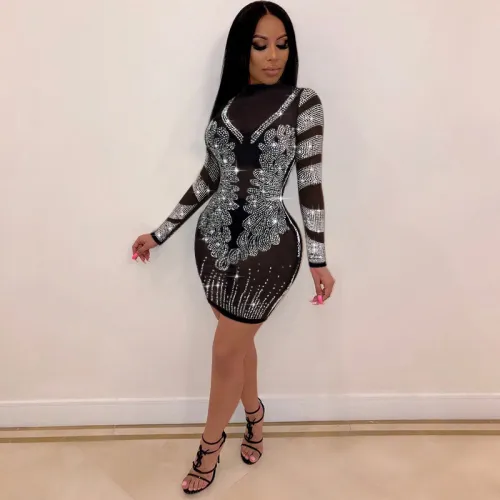Silver Sexy Bodycon Dresses Rhinestone Mini Dress For Women PQ8936B