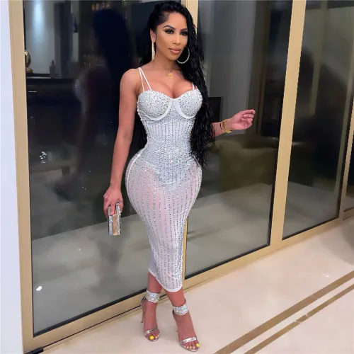 White Fashion Rhinestone Midi Dress Women Sexy Bodycon Dresses PQ2072C
