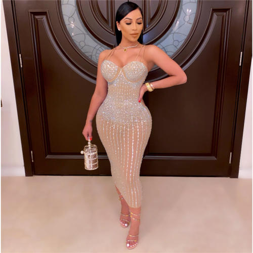Apricot Fashion Rhinestone Midi Dress Women Sexy Bodycon Dresses PQ2072A