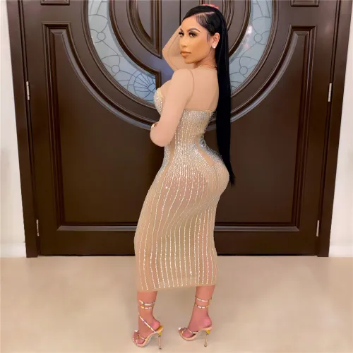 Apricot Sexy Bodycon Dresses Fashion Rhinestone Midi Dress For Women PQ2198C