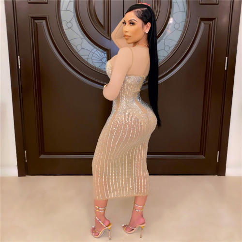 Apricot Sexy Bodycon Dresses Fashion Rhinestone Midi Dress For Women PQ2198C