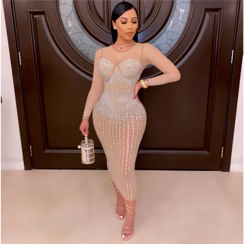 Apricot Sexy Bodycon Dresses Fashion Rhinestone Midi Dress For Women PQ2198C