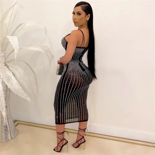 Black Fashion Rhinestone Midi Dress Women Sexy Bodycon Dresses PQ2072B