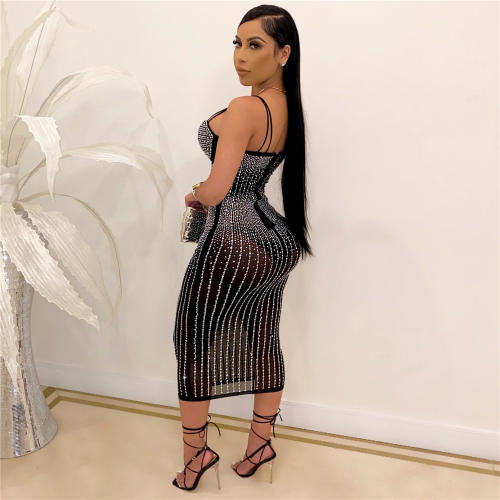 Black Fashion Rhinestone Midi Dress Women Sexy Bodycon Dresses PQ2072B