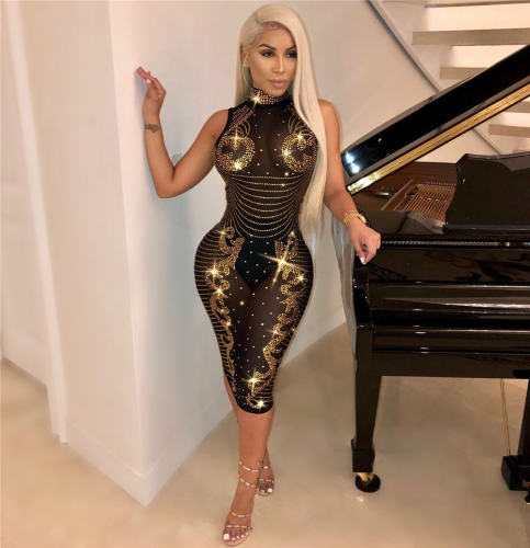 Sexy Gold Sequin Clubwear Women Fashion Party Dresses Midi Dress PQ8645