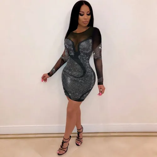 Silver Rhinestone Mini Dress Sexy Bodycon Dresses For Women PQ8943B
