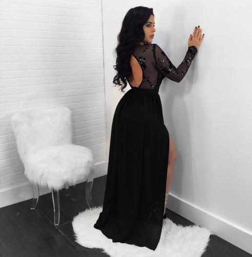 Sexy Sequin High Split Club Dress Women Mesh Evening Dresses PQ8873