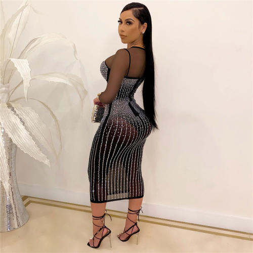 Black Sexy Bodycon Dresses Fashion Rhinestone Midi Dress For Women PQ2198A