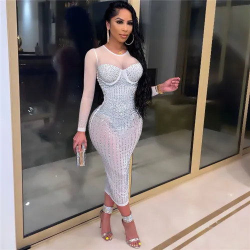 White Sexy Bodycon Dresses Fashion Rhinestone Midi Dress For Women PQ2198B