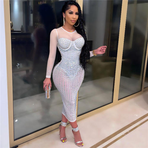 White Sexy Bodycon Dresses Fashion Rhinestone Midi Dress For Women PQ2198B
