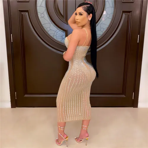 Apricot Fashion Rhinestone Midi Dress Women Sexy Bodycon Dresses PQ2072A