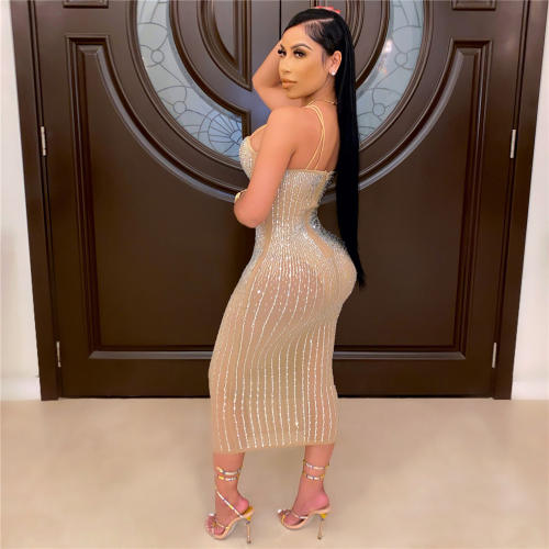 Apricot Fashion Rhinestone Midi Dress Women Sexy Bodycon Dresses PQ2072A