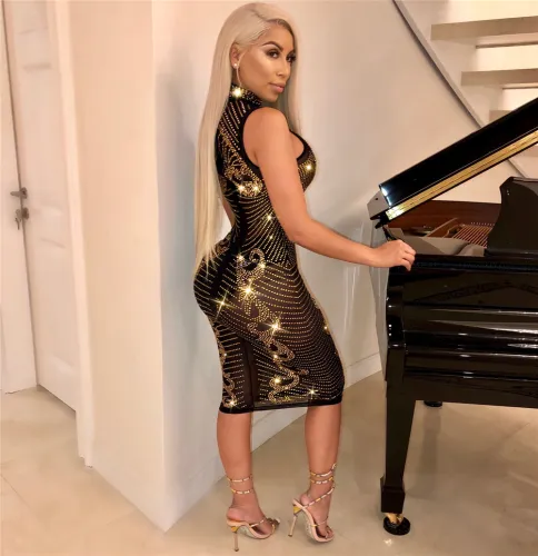Sexy Gold Sequin Clubwear Women Fashion Party Dresses Midi Dress PQ8645