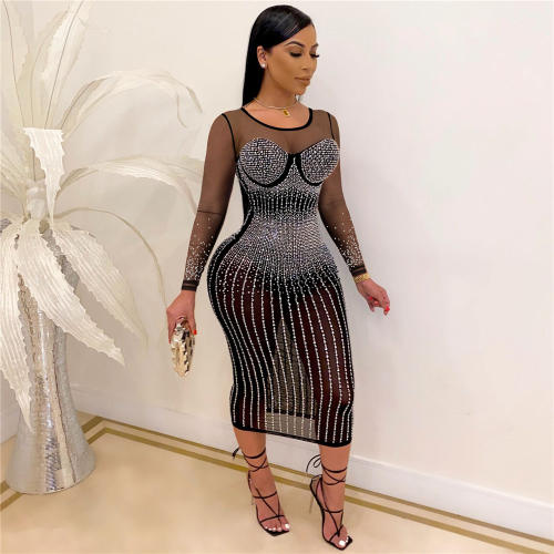 Black Sexy Bodycon Dresses Fashion Rhinestone Midi Dress For Women PQ2198A