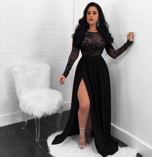 Sexy Sequin High Split Club Dress Women Mesh Evening Dresses PQ8873