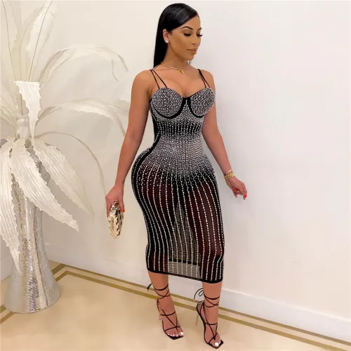 Black Fashion Rhinestone Midi Dress Women Sexy Bodycon Dresses PQ2072B