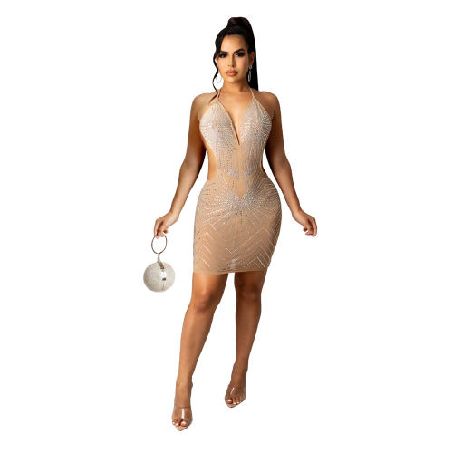 Apricot Sexy Rhinestone Mini Dresses Women Fashion Party Dress PQ2140C