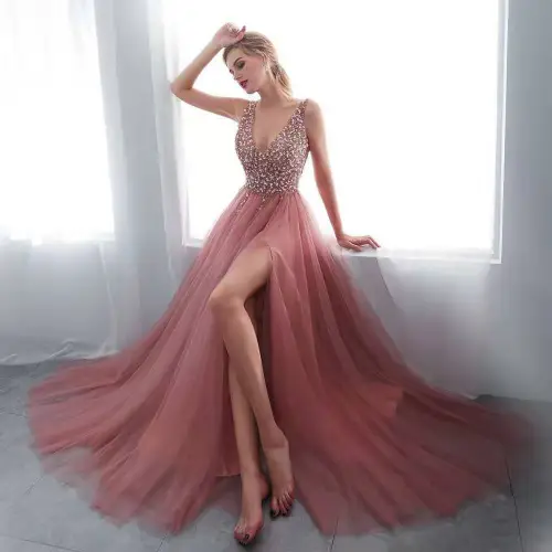 Pink Sequin Evening Party Dresses Sexy Women High Split Prom Dress PQYQ019