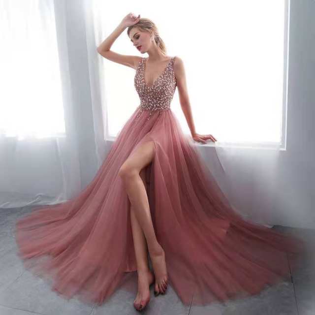 Pink Sequin Evening Party Dresses Sexy Women High Split Prom Dress PQYQ019