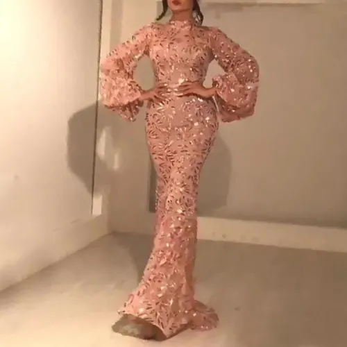 Pink Sequin Evening Dresses Sexy Women Long Sleeve Mesh Prom Dress PQ8678